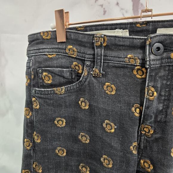 Pilcro Jeans Womens 26 Black Gold Floral Skinny Mid Rise Slim Straight - Picture 2 of 12